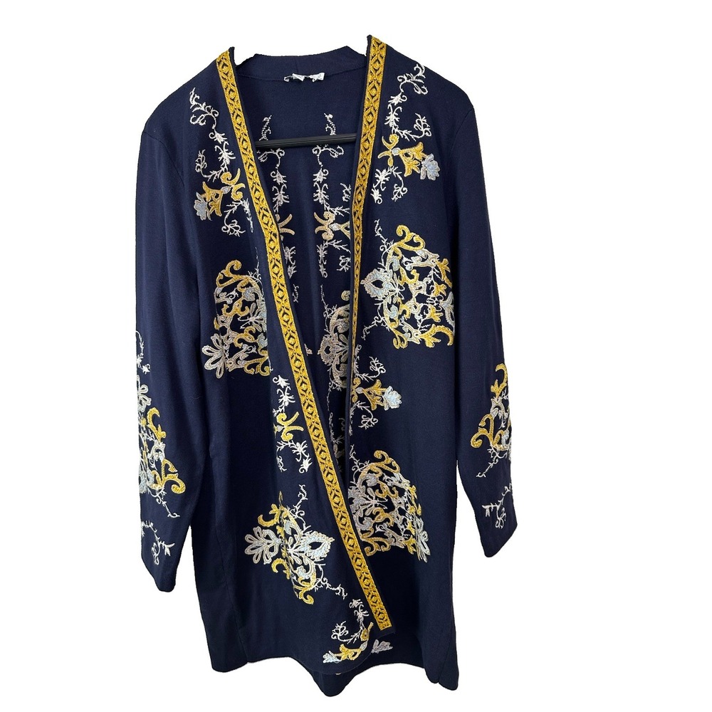 Chico's Embroidered Open Front Kimono Cardigan Jacket Women's Sz XL Navy Blue
